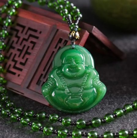 Zöld Jade Másolat (Üveg) (17) Buddha Medál Nyaklánc Medál: 52x46mm Hossz: ~76cm