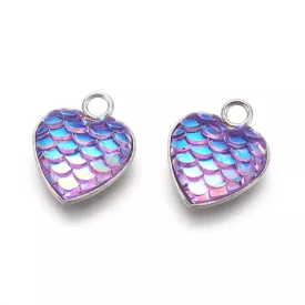   Ezüst Színű Nemesacél Kék Zöld Lila Szivárványos (7) Pikkely Flitter Szív Medál Nyaklánc 16x13mm