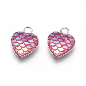   Ezüst Színű Nemesacél Rózsaszín Szivárványos (2) Pikkely Flitter Szív Medál Nyaklánc 16x13mm