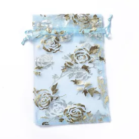   Türkiz Virágos Organza Tüll Díszzacskó Dísztasak 10x15cm