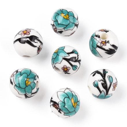 Türkiz Virágos Porcelán Gyöngy 8mm