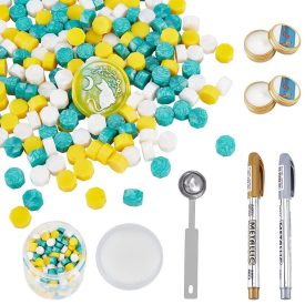   Zöld Fehér Sárga (9) Viaszpecsét (500db) Készítő Készlet Filctoll Olvasztó Kanál Teamécses Tároló