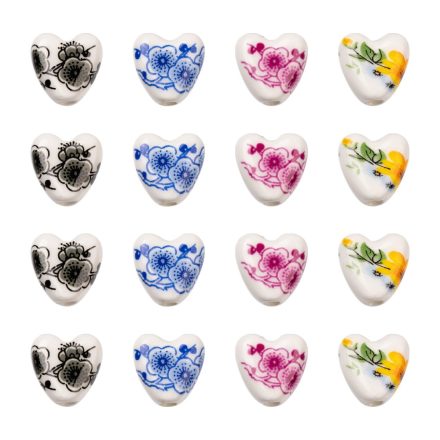 Fekete Virágos Szív Porcelán Gyöngy 15x7mm