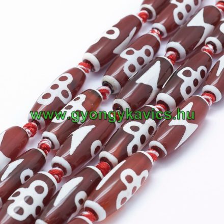 Vörös Fehér Tibeti Dzi Achát (2) Henger Ásványgyöngy 29-30x9-12mm